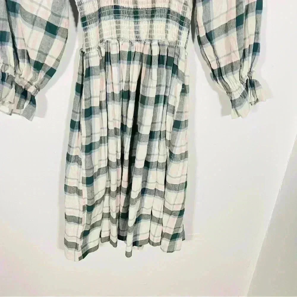 NWT Madewell Lucie Elbow-Sleeve Smocked Mini Dress Plaid